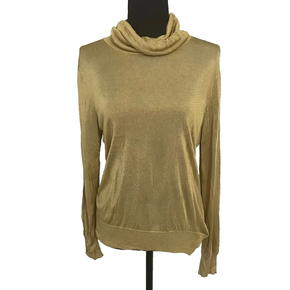 LAUREN RALPH LAUREN Womens Sz L Gold Metallic Long Sleeve Turtleneck‎ Knit Top